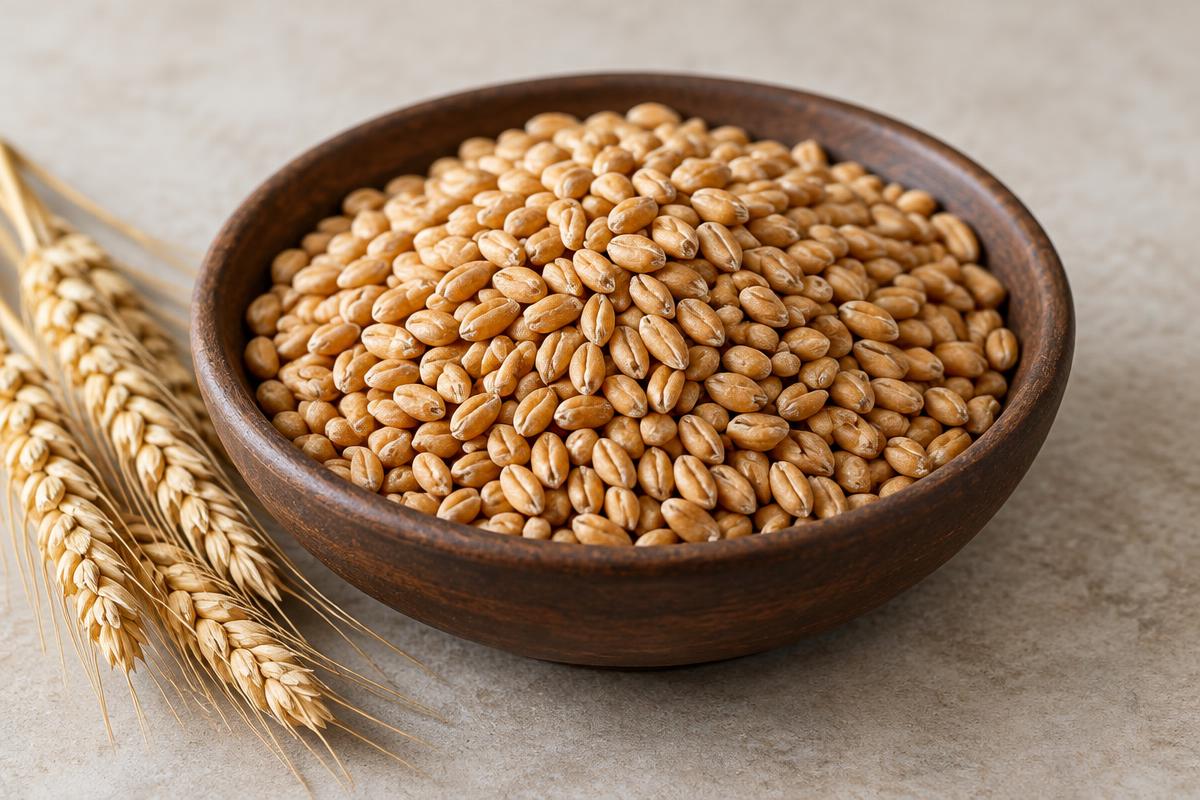 Regular wheat grains in a wooden bowl
