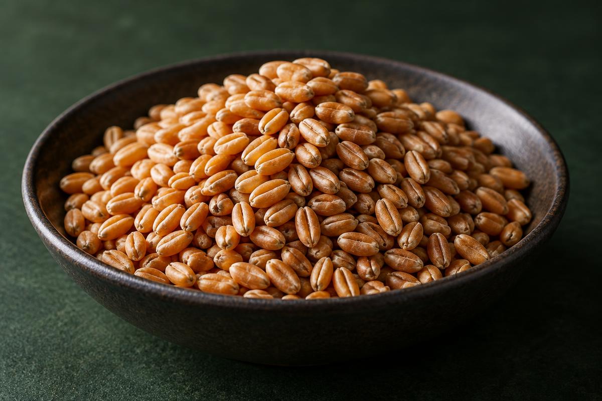 Sharbati wheat grains in a dark bowl